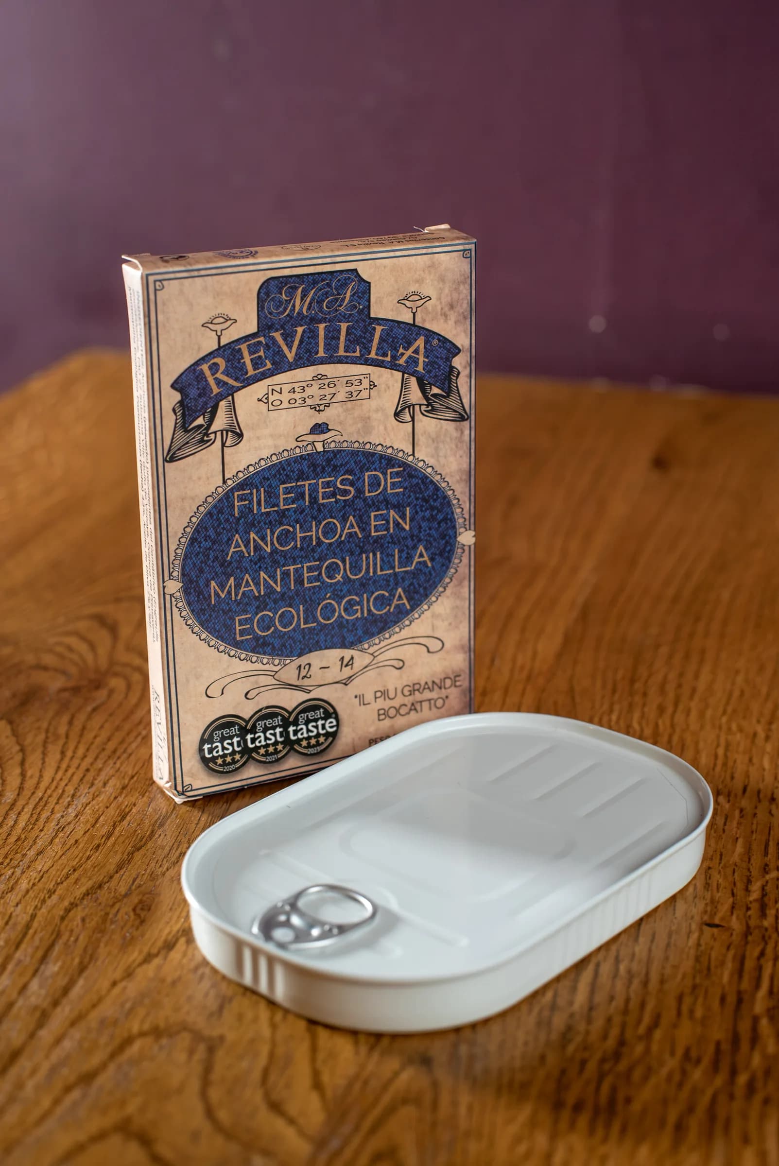 Box of M.A. Revilla Cantabrian anchovy fillets in organic butter.