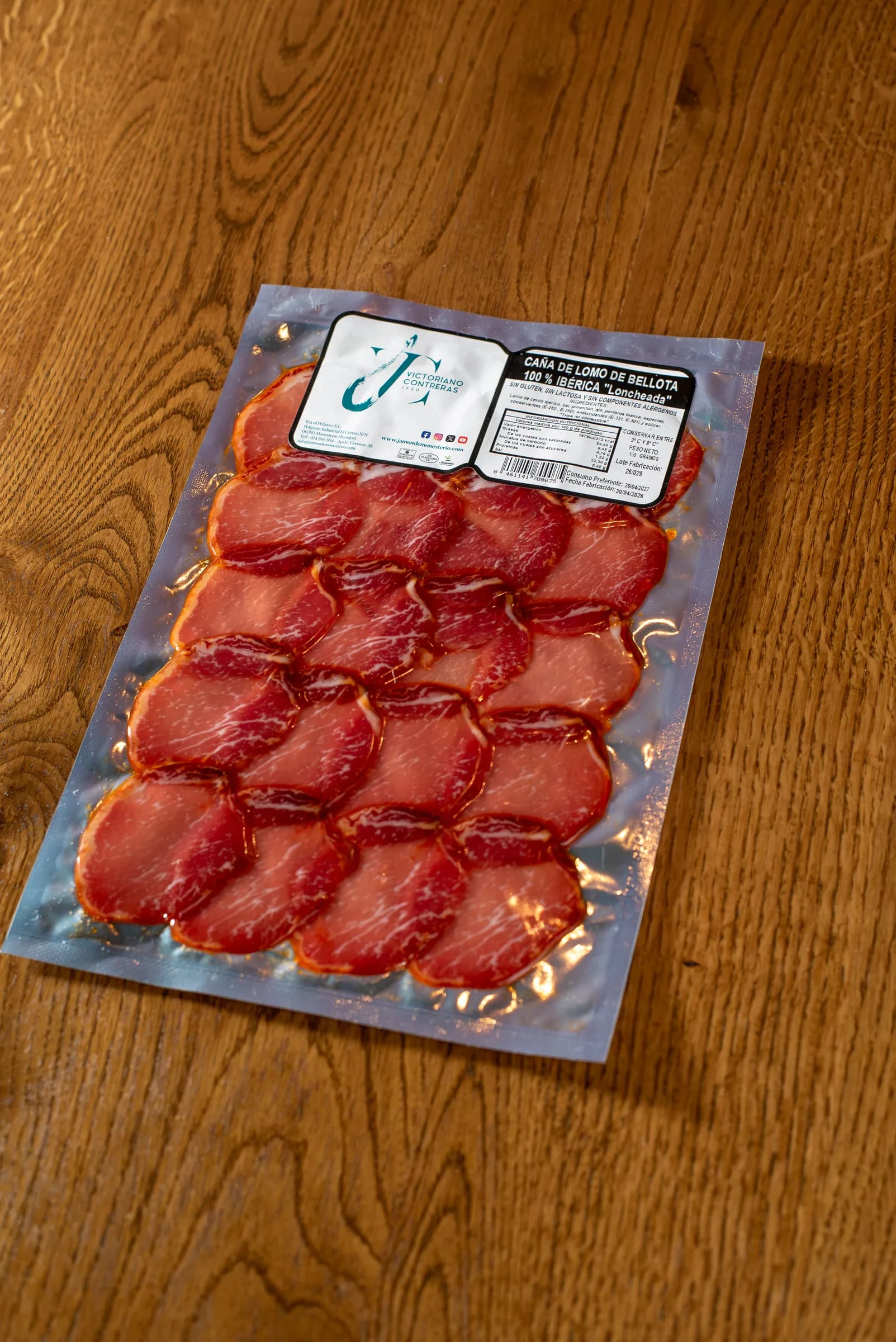 Sliced acorn-fed Iberian cured pork loin (caña de lomo de bellota).
